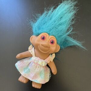 Vtg Troll Doll 1991 TNT‎ - Blue Hair, Pink Eyes Floral Dress Iridescent Tulle